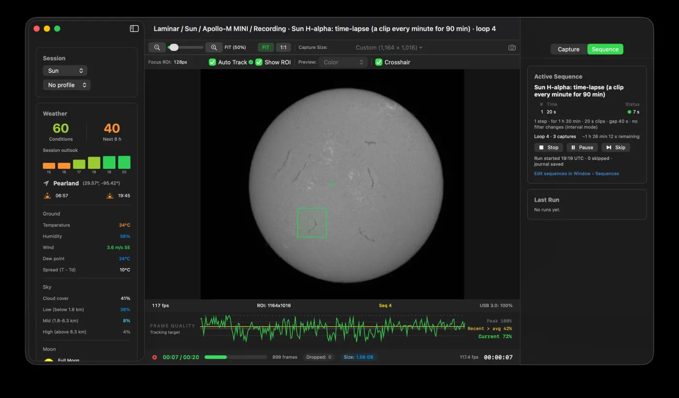 Laminar on a MacBook Neo recording the Sun in hydrogen-alpha, with surface tracking and the frame quality graph