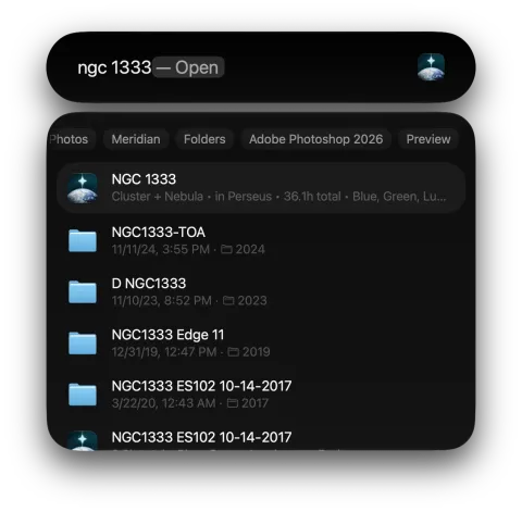 Spotlight search finding NGC 1333 in Meridian