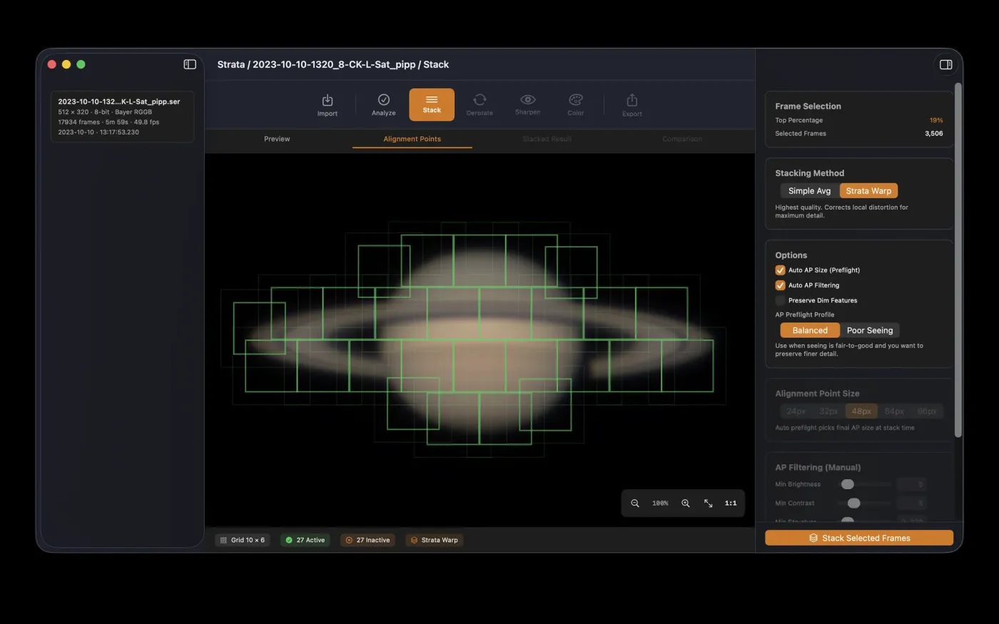 Strata preparing a Strata Warp stack of Saturn, with the grid of alignment points over the disc