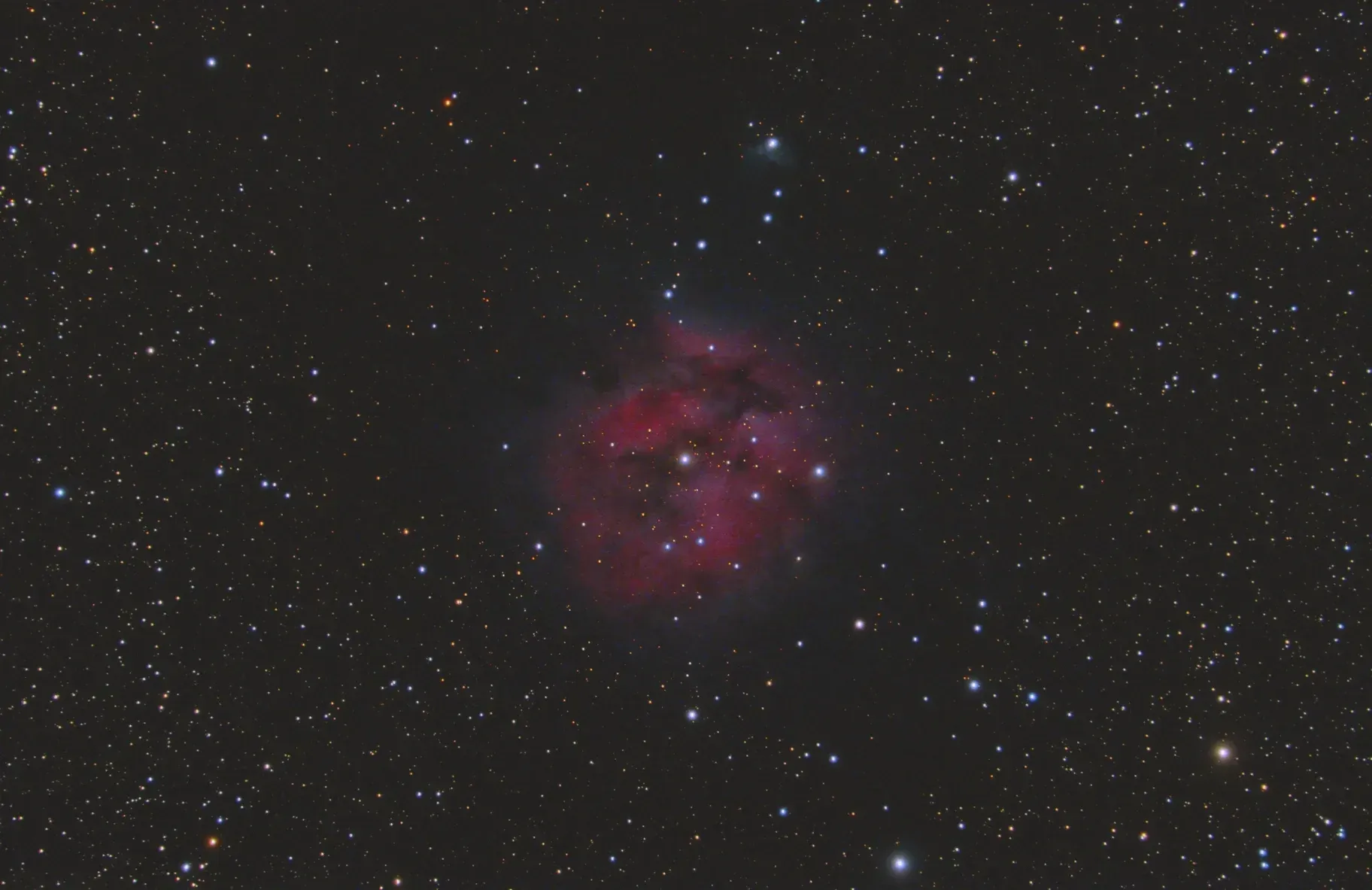  This image is from the first night of imaging. It’s around 390 60s subs with the ZWO ASI071MC-Pro camera. Already, it looks quite nice. Good color, pretty stars. But still somewhat dim, and the details are lacking in the center nebula. 