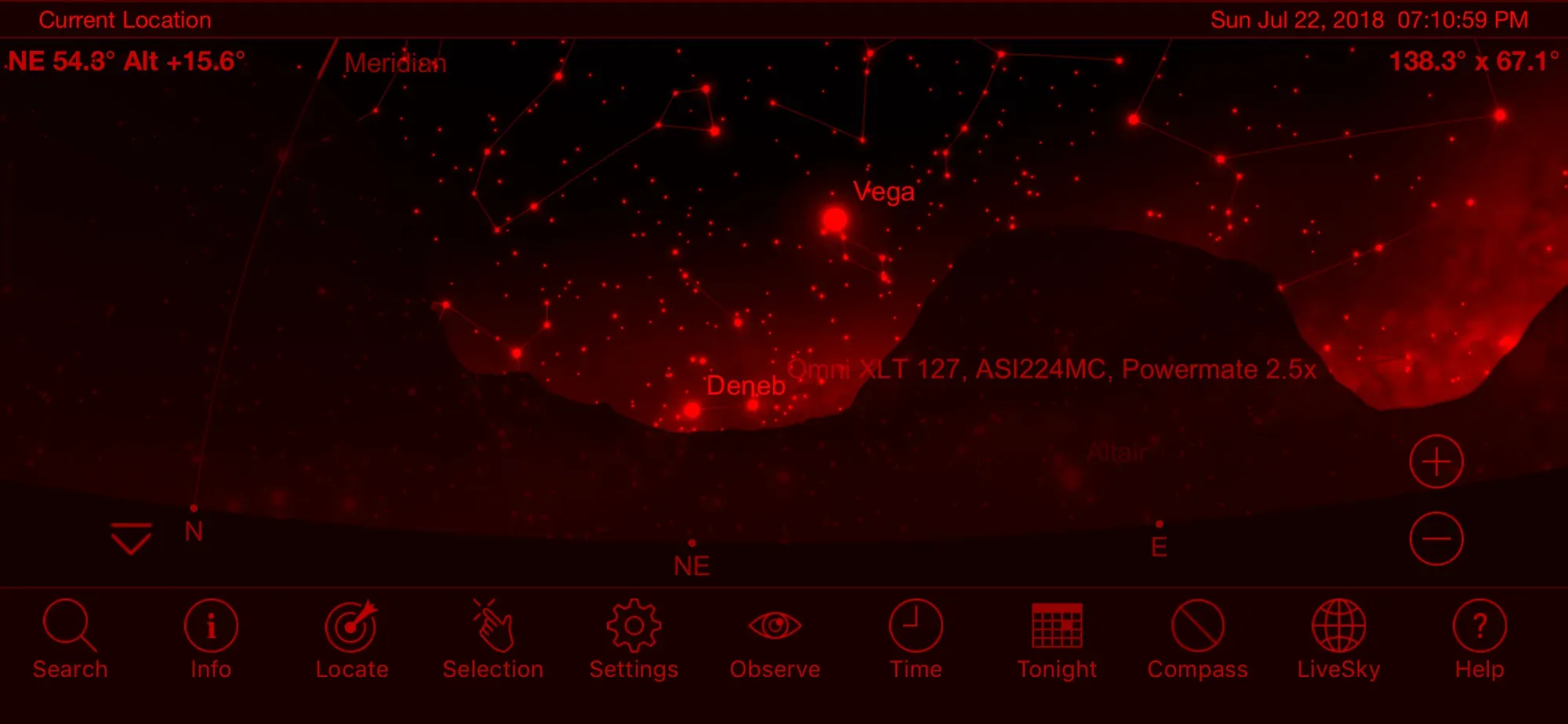  Here's my local horizon file loaded into Sky Safari 6 Pro. To export your horizon file, you must  download  a converter program (from Joshua Bury the creator of Observer Pro), and also download a script to run the converter from  Processing.org , it will take your horizon file and output a PNG that can be imported into Sky Safari. 