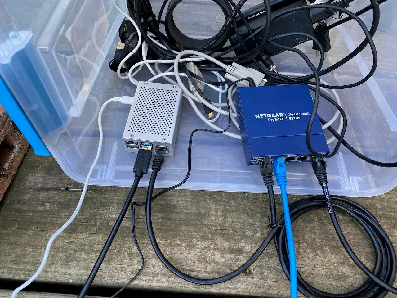  Proverbial box of wires featuring my switch, and Raspberry Pi. 