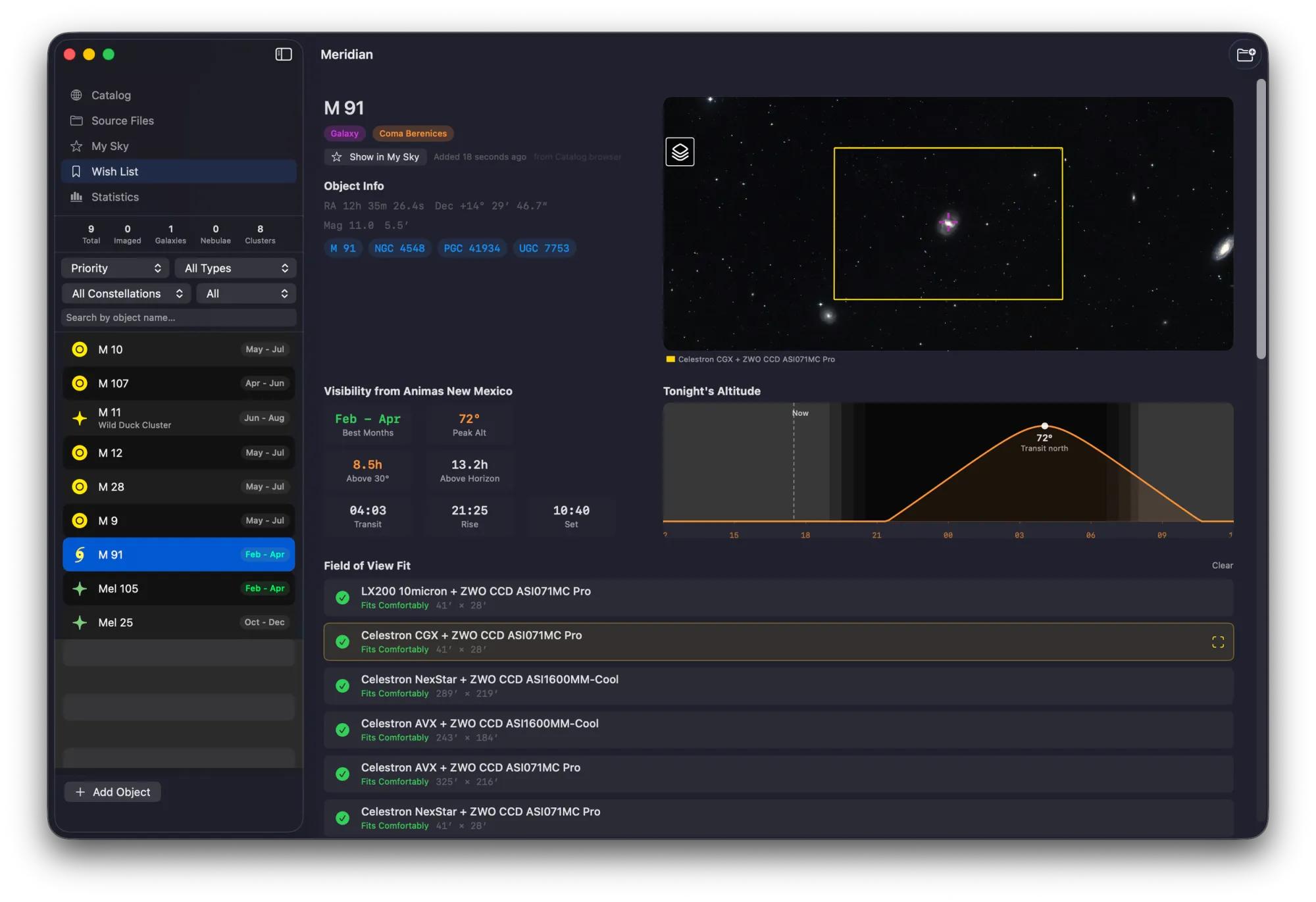 Meridian visibility planning interface