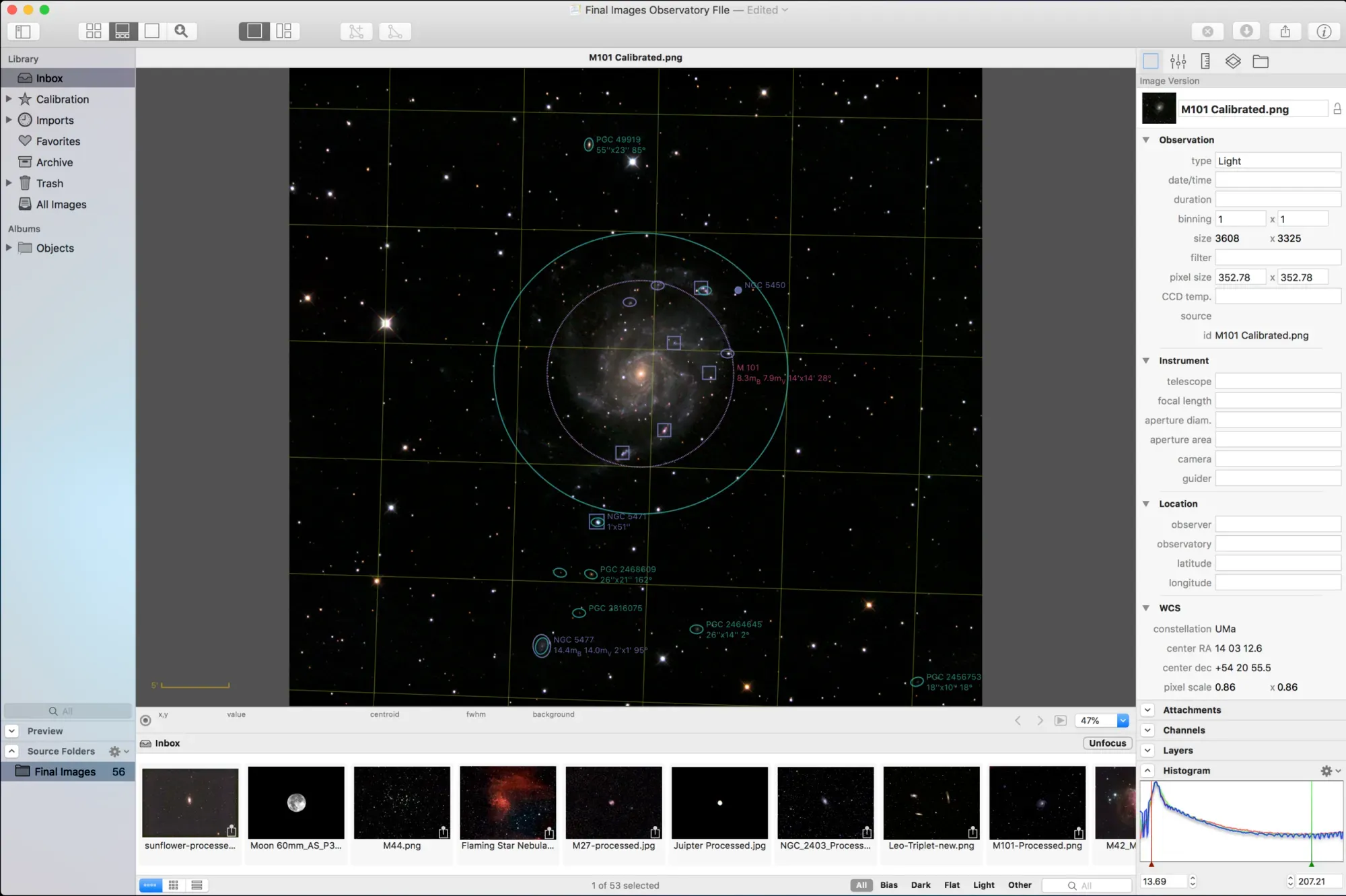  M101 and surrounding nebula are auto tagged once the image is plate solved. 