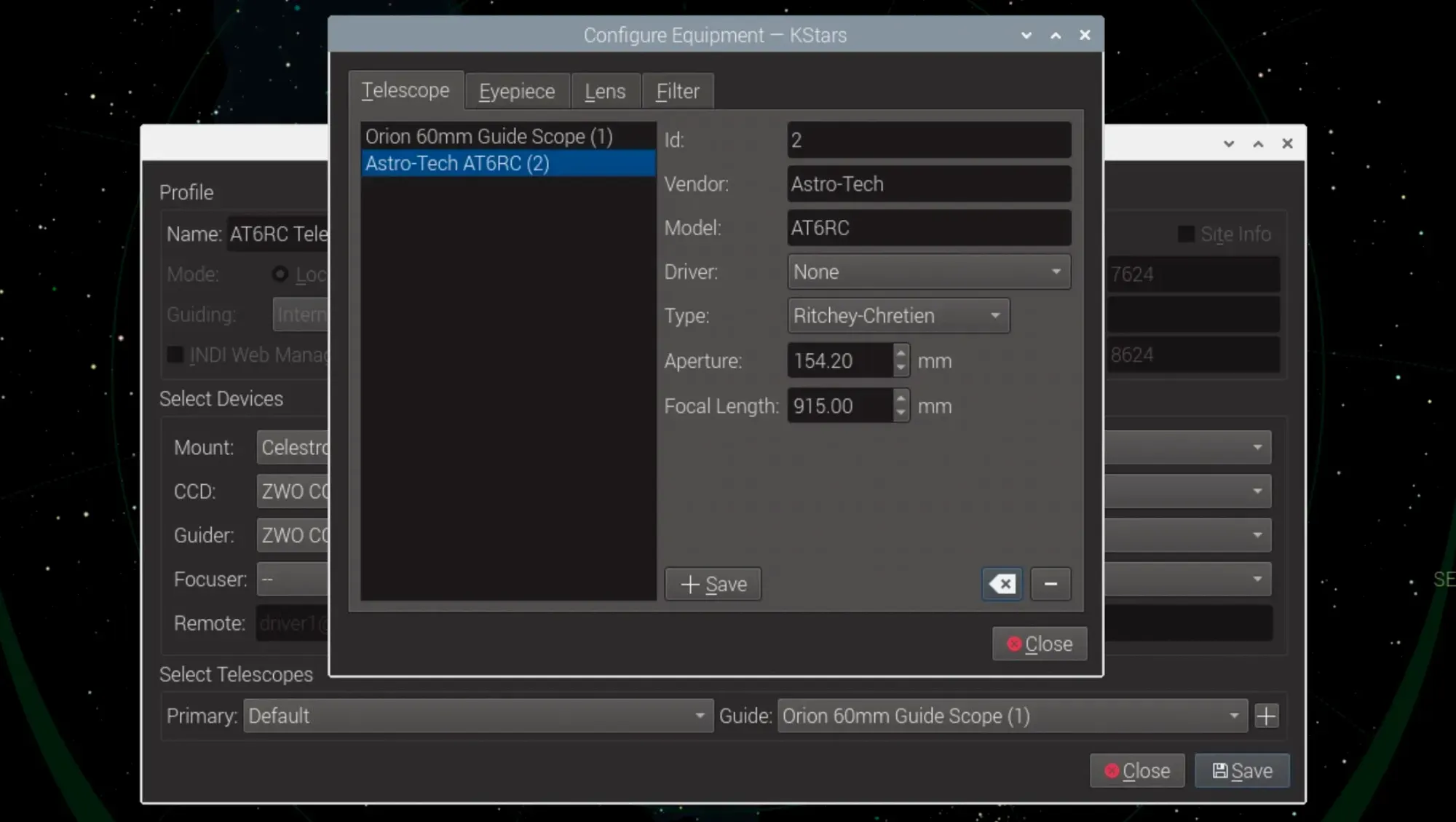  I’ve added my telescope and guide scope for this profile. You can add all the telescopes and guide scopes you own here now if you wish, because once they’re added, you can then create multiple profiles and not have to add the scopes again. 