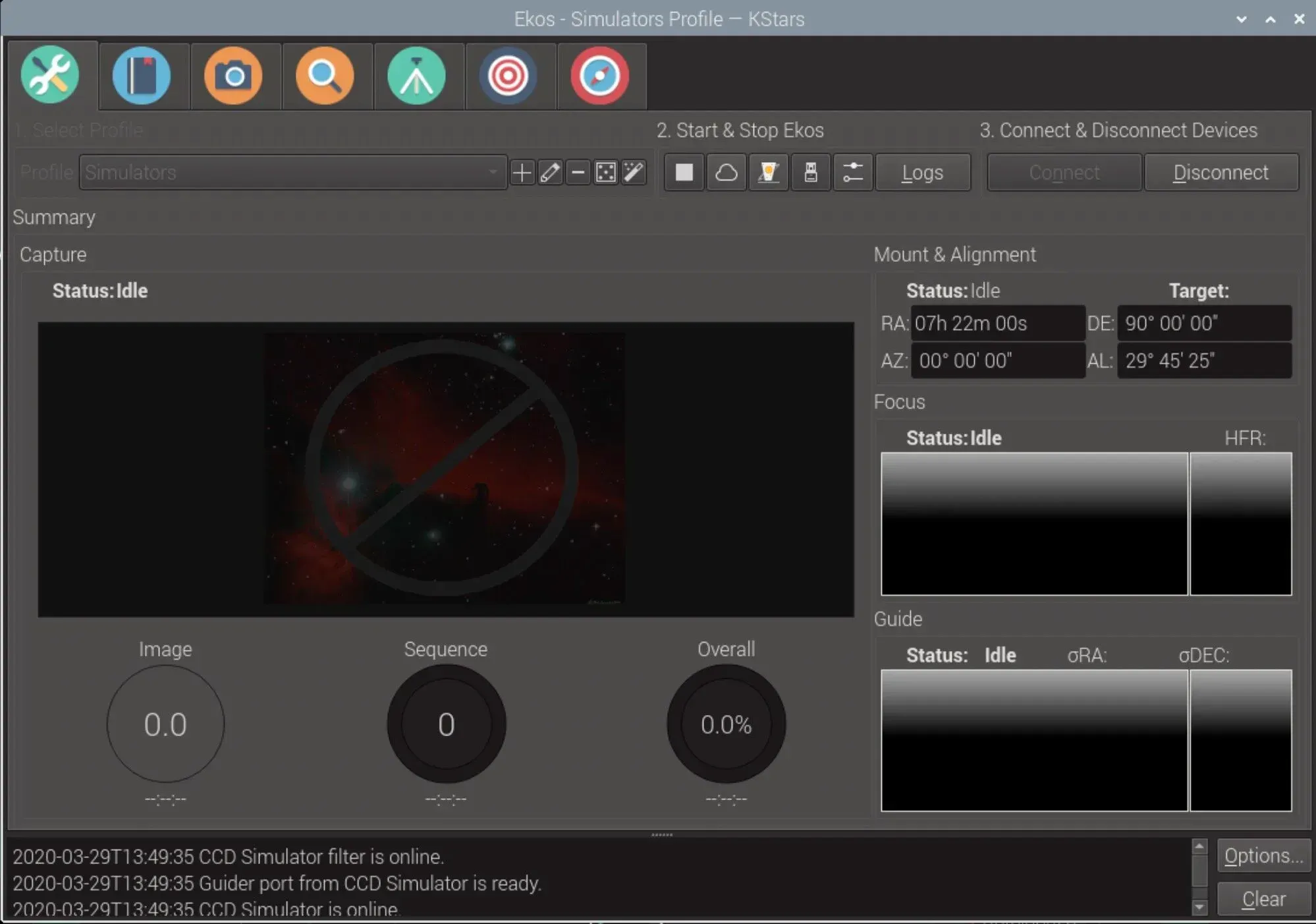  This is the main EKOS window. Start and stop the connection to your equipment from the #2 section of icons near the top. Pressing the play button connects to the devices plugged into the Pi like your camera, and telescope mount. 