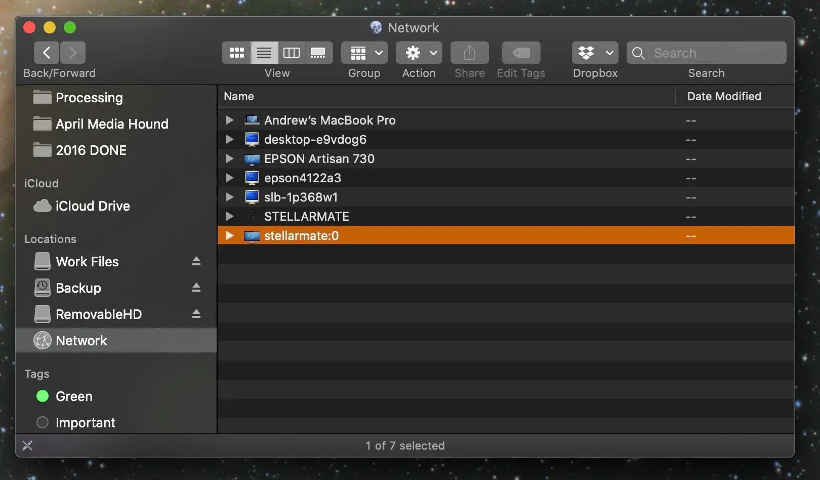  Open a Finder window. Look in the left hand column for Network. Select that. You’ll now see a list of computers broadcasting on your home network. stellarmate:0 is there. Double click it. 