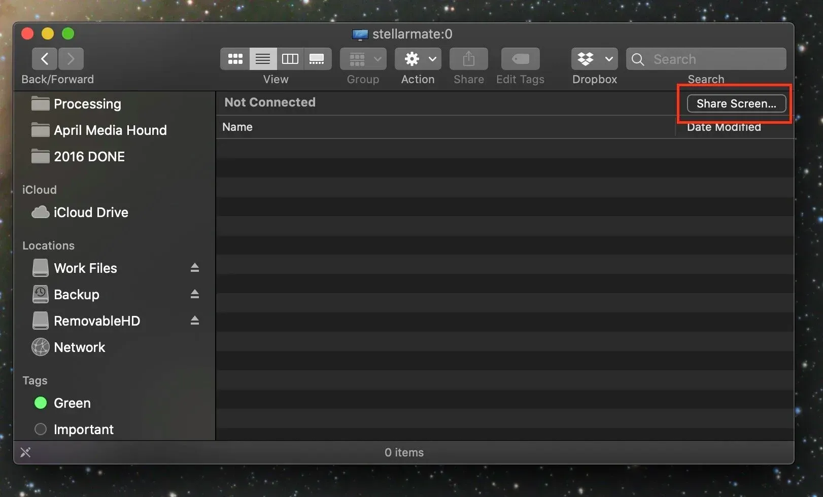  This opens a finder window of the device, and it’s shared drives. None are being shared from the Pi unit yet, so no drives appear. But there is a Share Screen button that appears. Click that. 