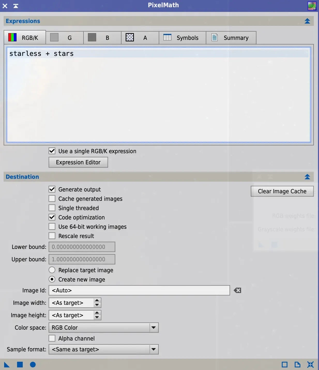 The settings in Pixel Math within PixInsight. 
