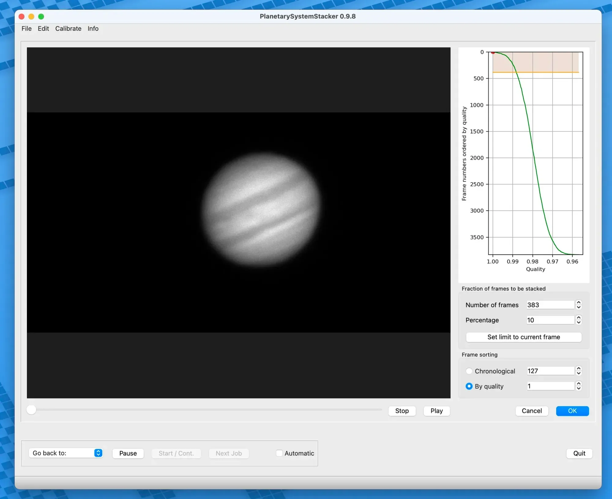  Selecting % of images to stack. 