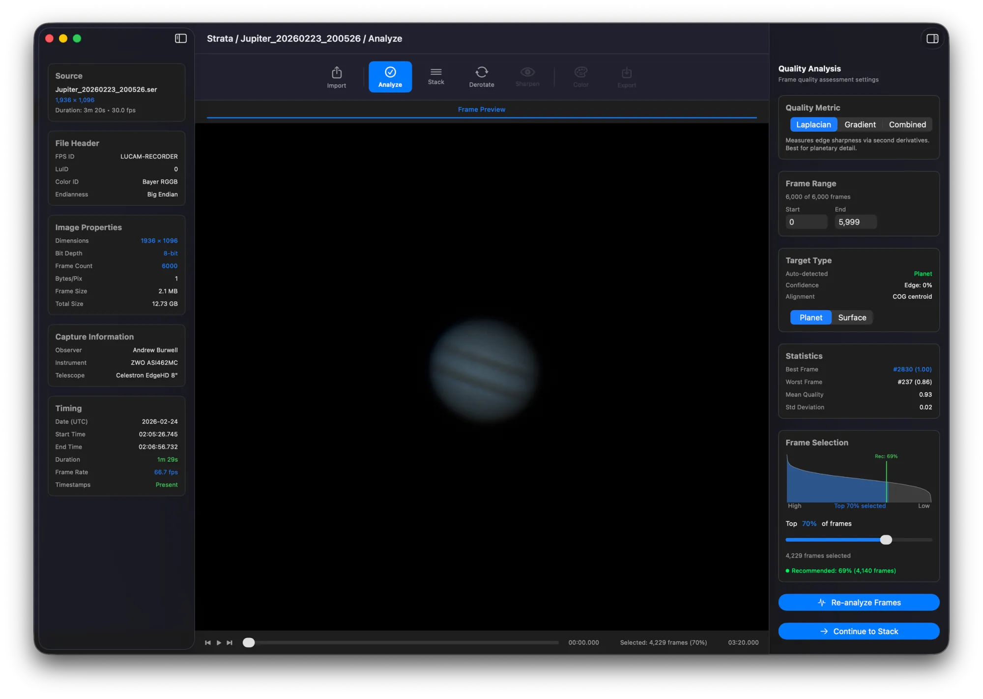 Strata planetary processing interface showing Jupiter analysis