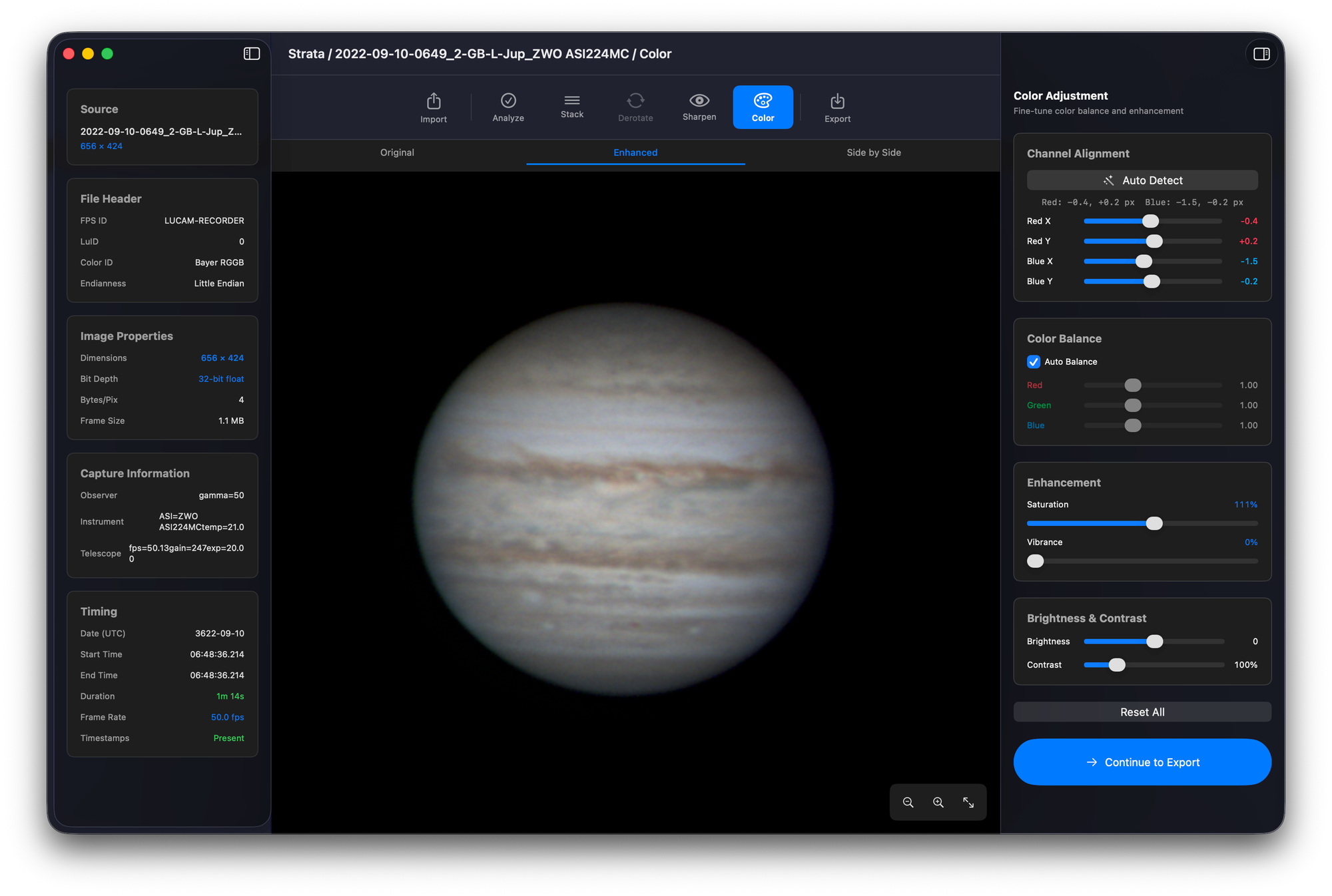 Strata planetary processing app for macOS showing wavelet sharpening controls on a Saturn image