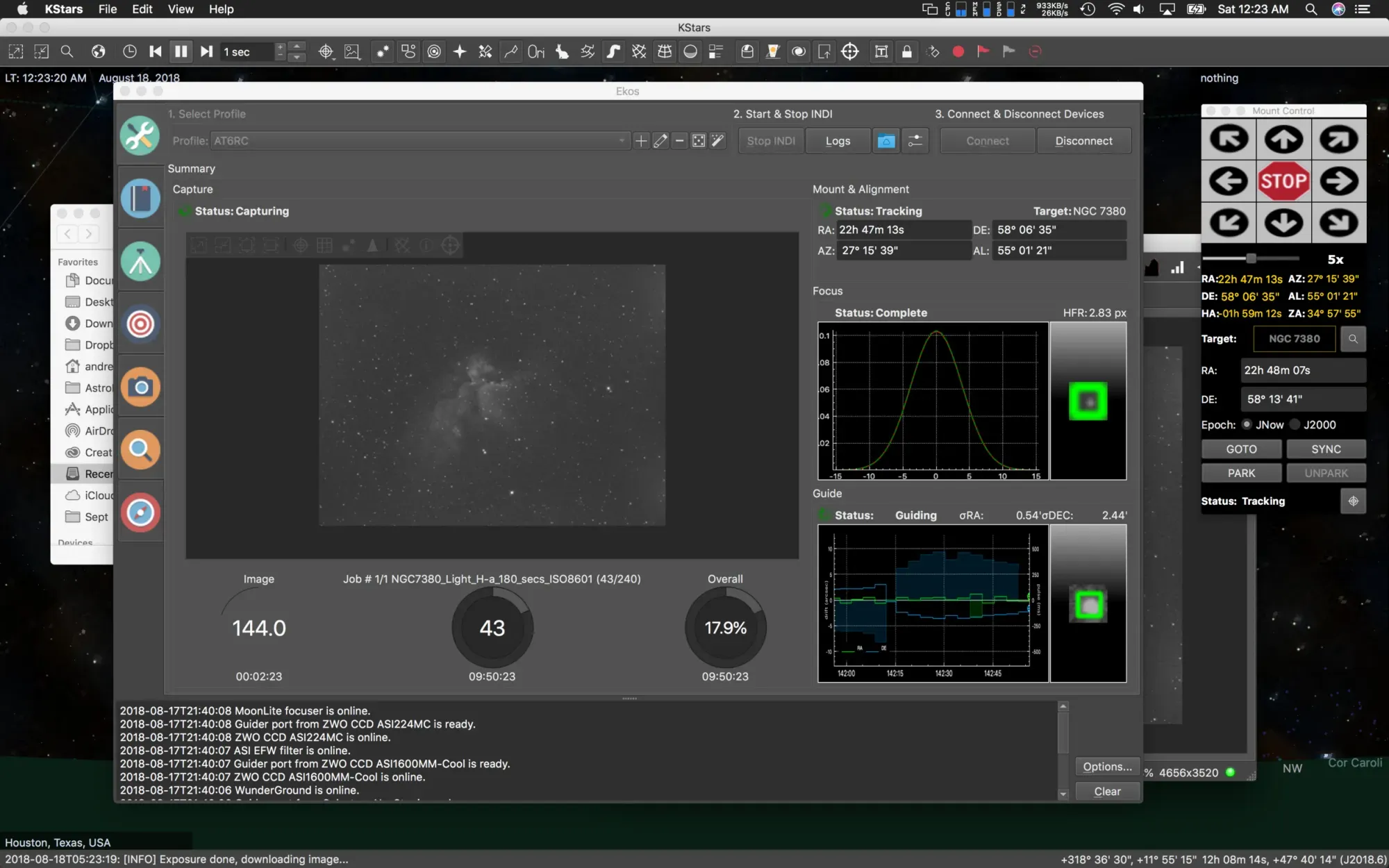Using the EKOS sequencer to capture the Wizard Nebula (NGC7380) on the Mac