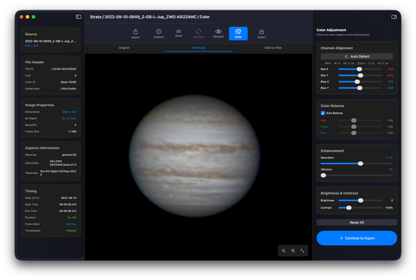 Strata planetary processing app for macOS showing wavelet sharpening controls on a Saturn image